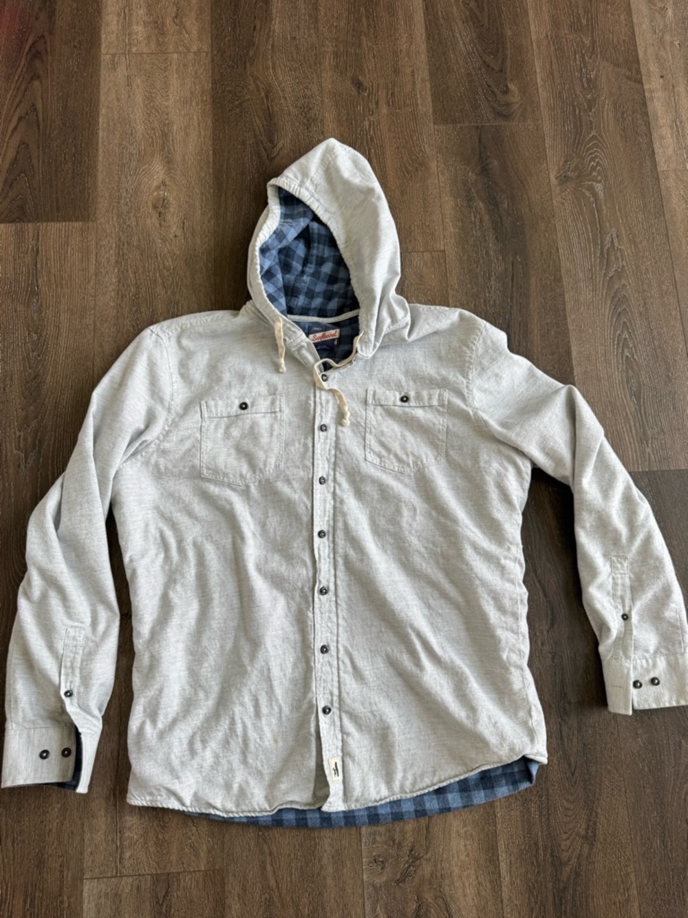 johnnie-O Light Gray Hooded Button-Down Shirt with Blue Plaid Lining Men’s XL